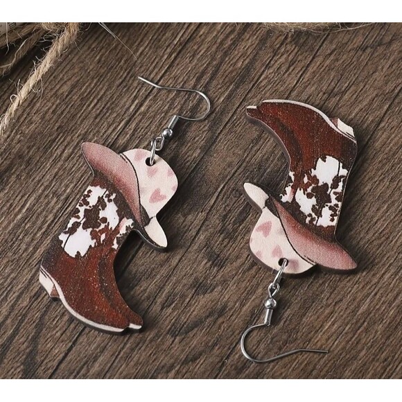 Western Cowboy Boot & Hat Wood Dangle Earrings – Rustic Western Style - Picture 7 of 7